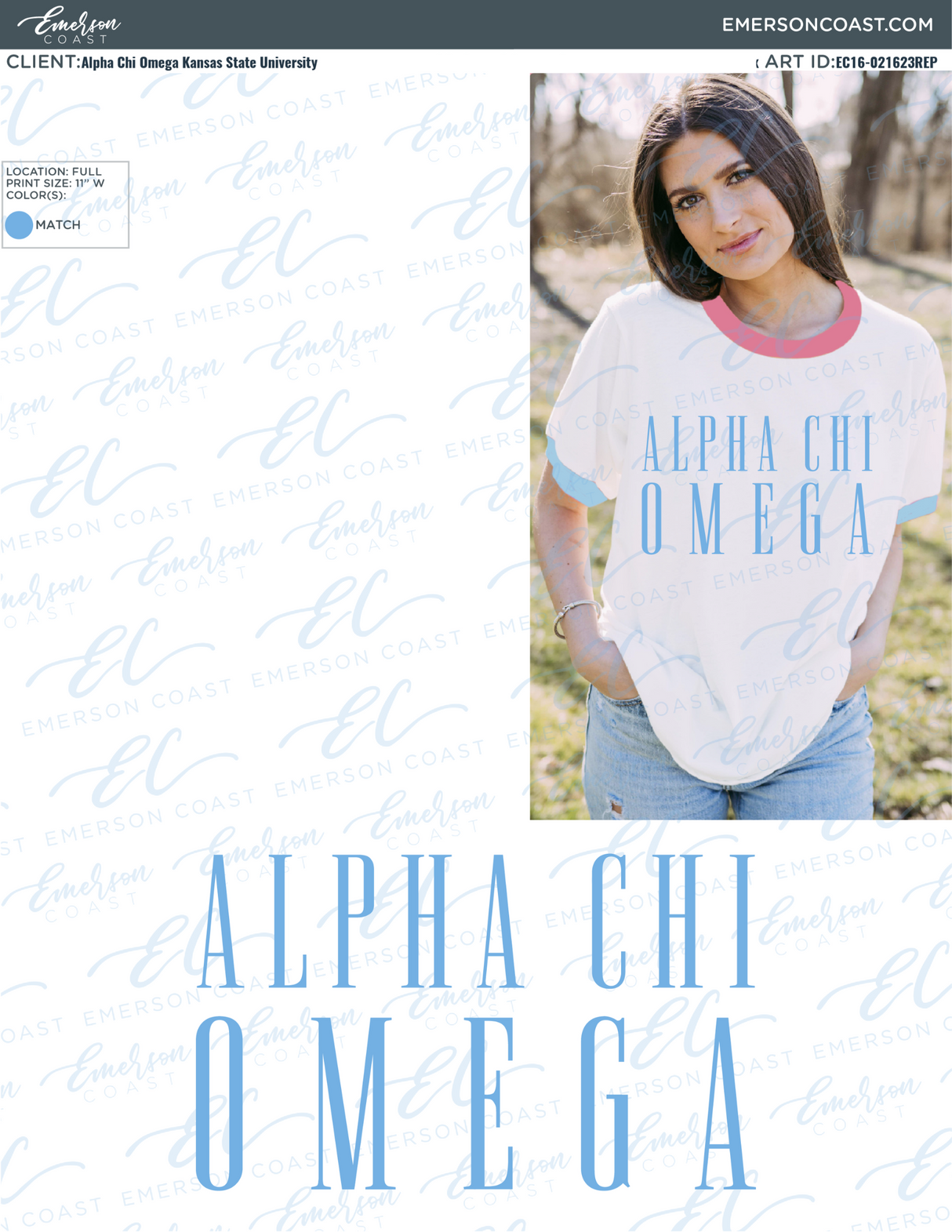 Alpha Chi Omega Pink and Light Blue Colorblock Ringer Tee