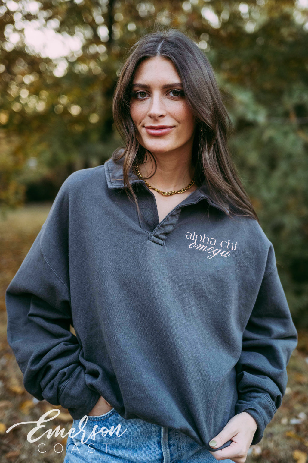 Alpha Chi Simple Script Oversized Collared Crew - Emerson Coast