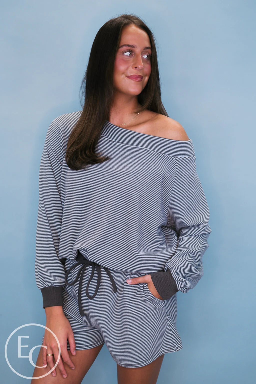 Emerson Coast Blue/Gray Striped Off The Shoulder Sweatshirt and Shorts Set