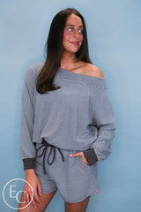 Emerson Coast Blue/Gray Striped Off The Shoulder Sweatshirt and Shorts Set