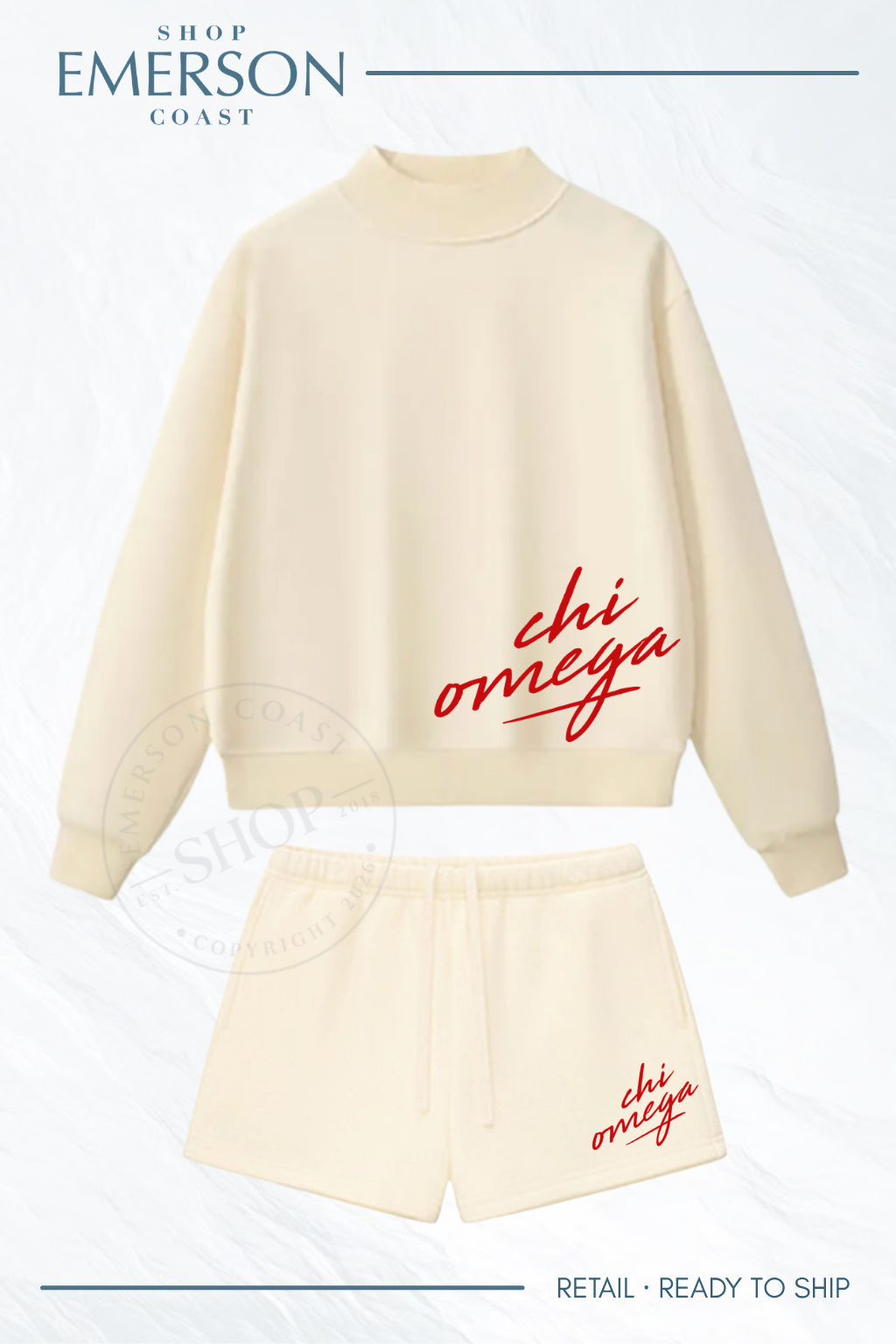 Chi Omega Script Cream Mockneck & Shorts Set