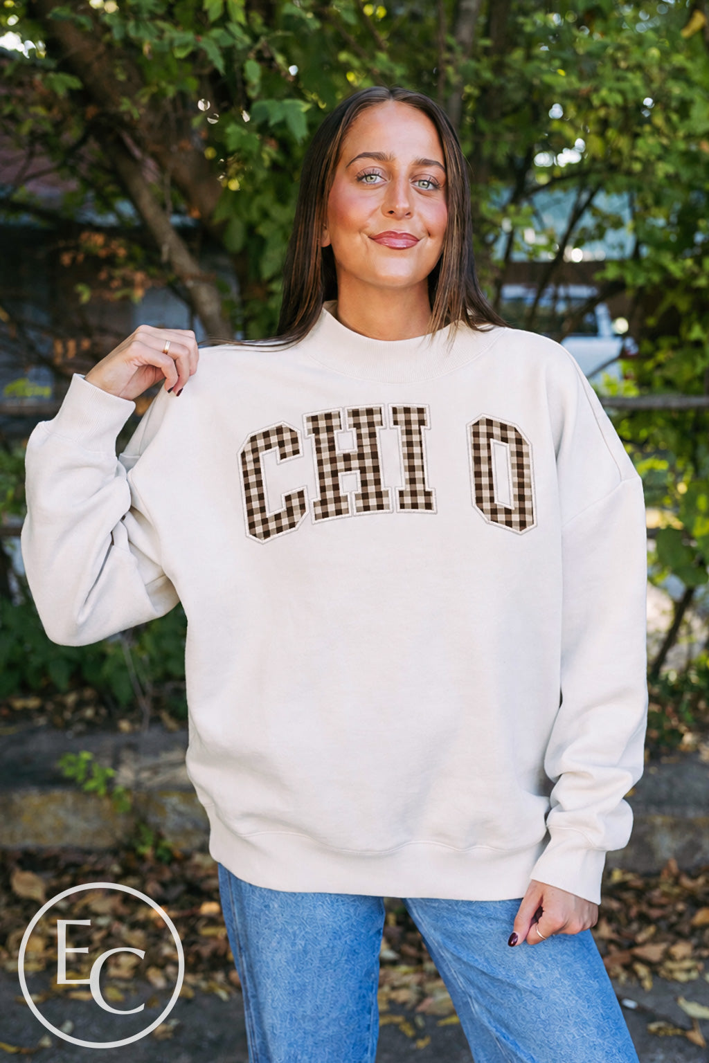 Chi Omega Brown Gingham Mockneck