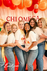 Chi Omega Midwestern State University Bold Red and Yellow Recruitment Henley