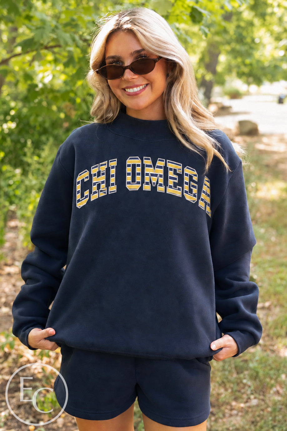Chi Omega Striped Applique Mockneck Navy