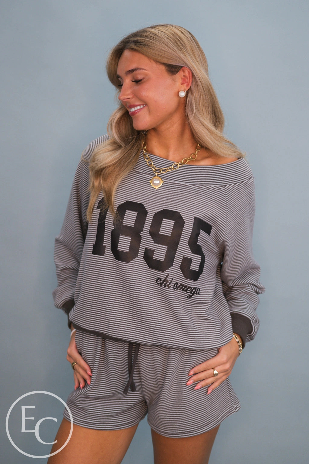 Chi Omega Striped Off The Shoulder Set