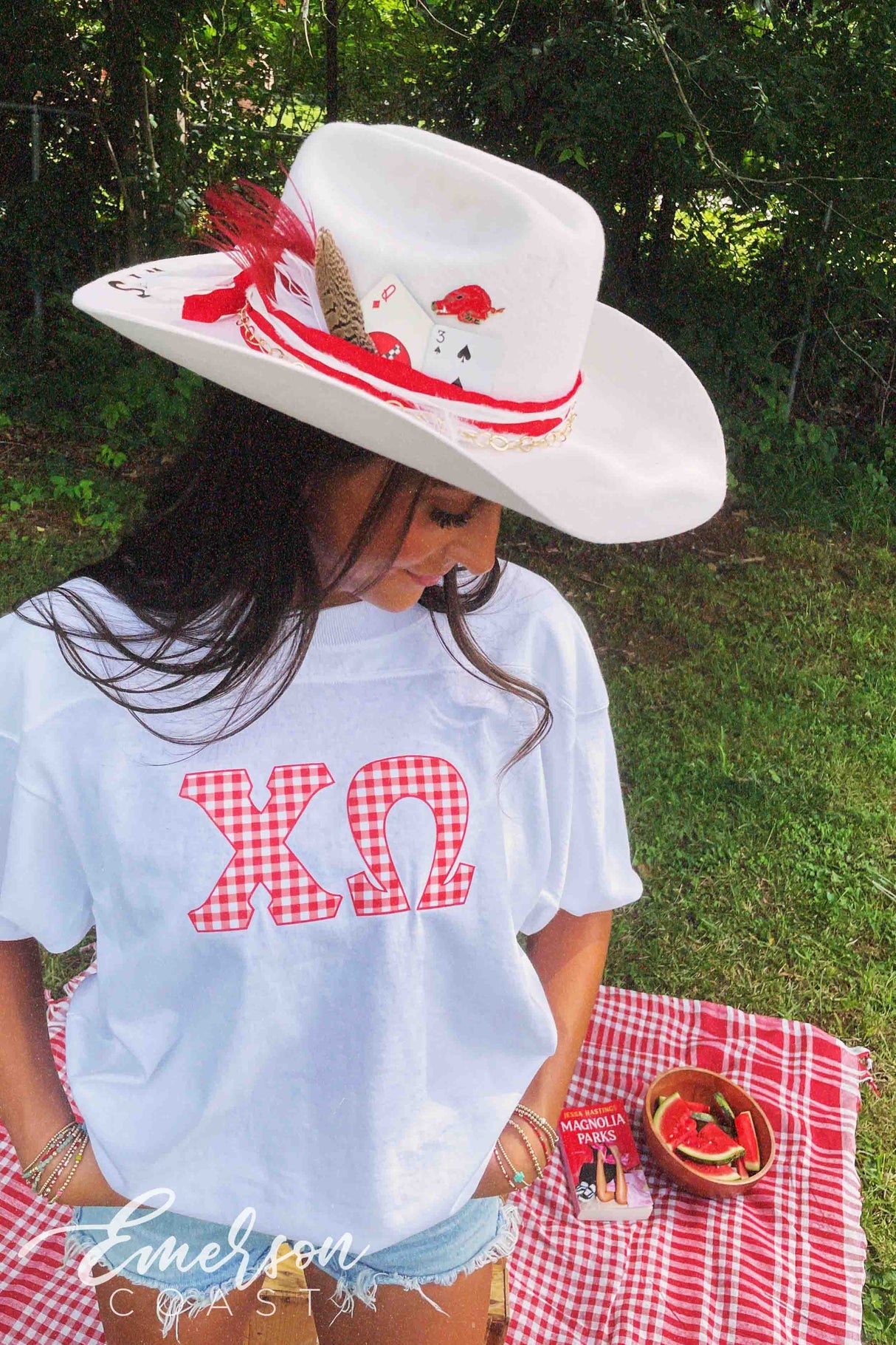 Chi O Gingham Print Letter Jersey
