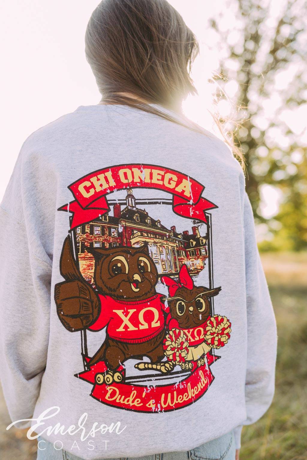 Chi Omega Spirit Owls Dude's Weekend Crewneck