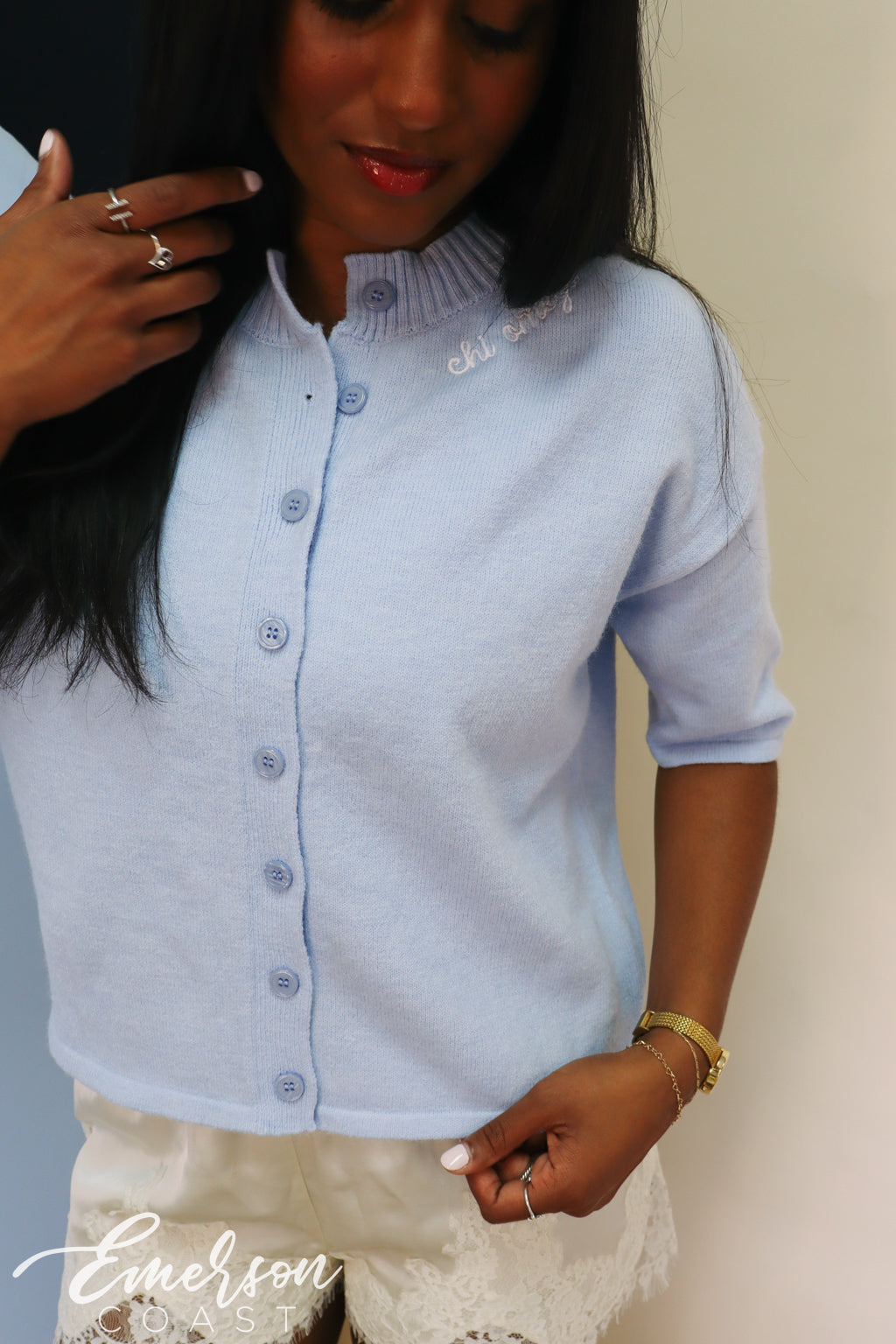 Chi Omega Light Blue Embroidered Cardigan