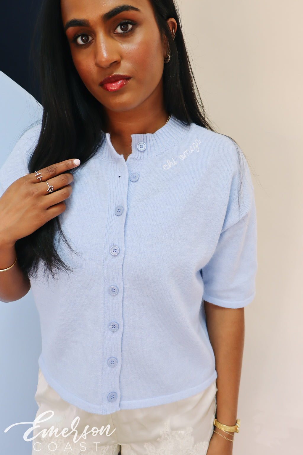 Chi Omega Light Blue Embroidered Cardigan