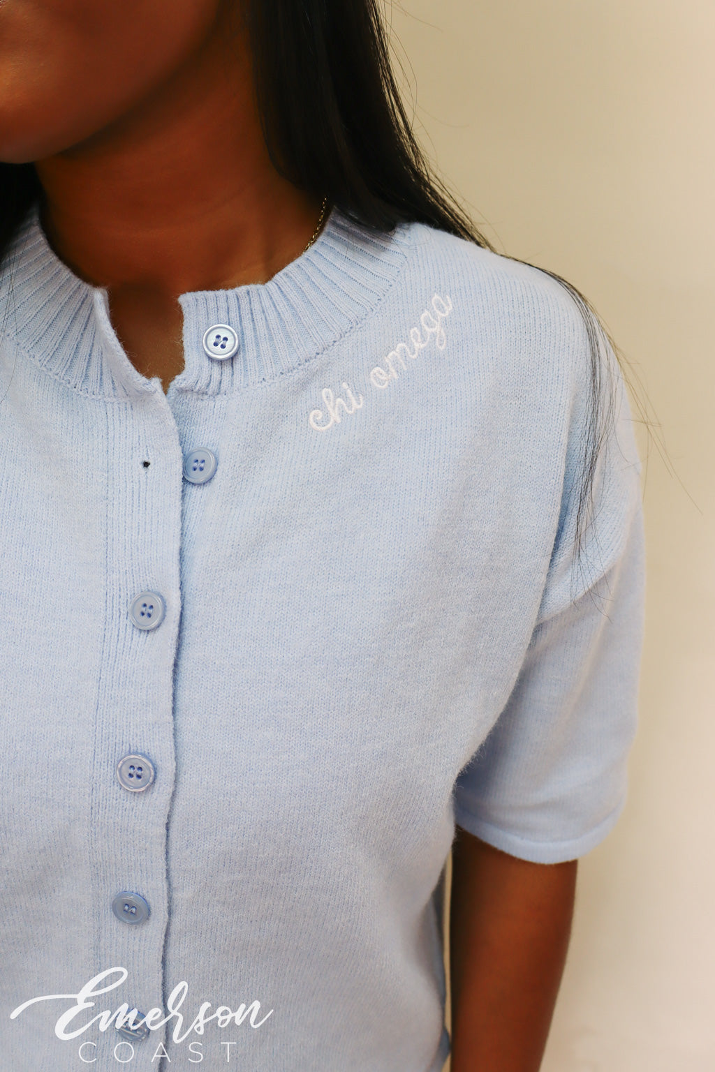 Chi Omega Light Blue Embroidered Cardigan