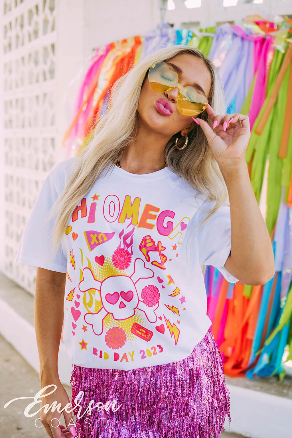 Chi Omega Colorful Skull and Crossbones Bid Day Tee