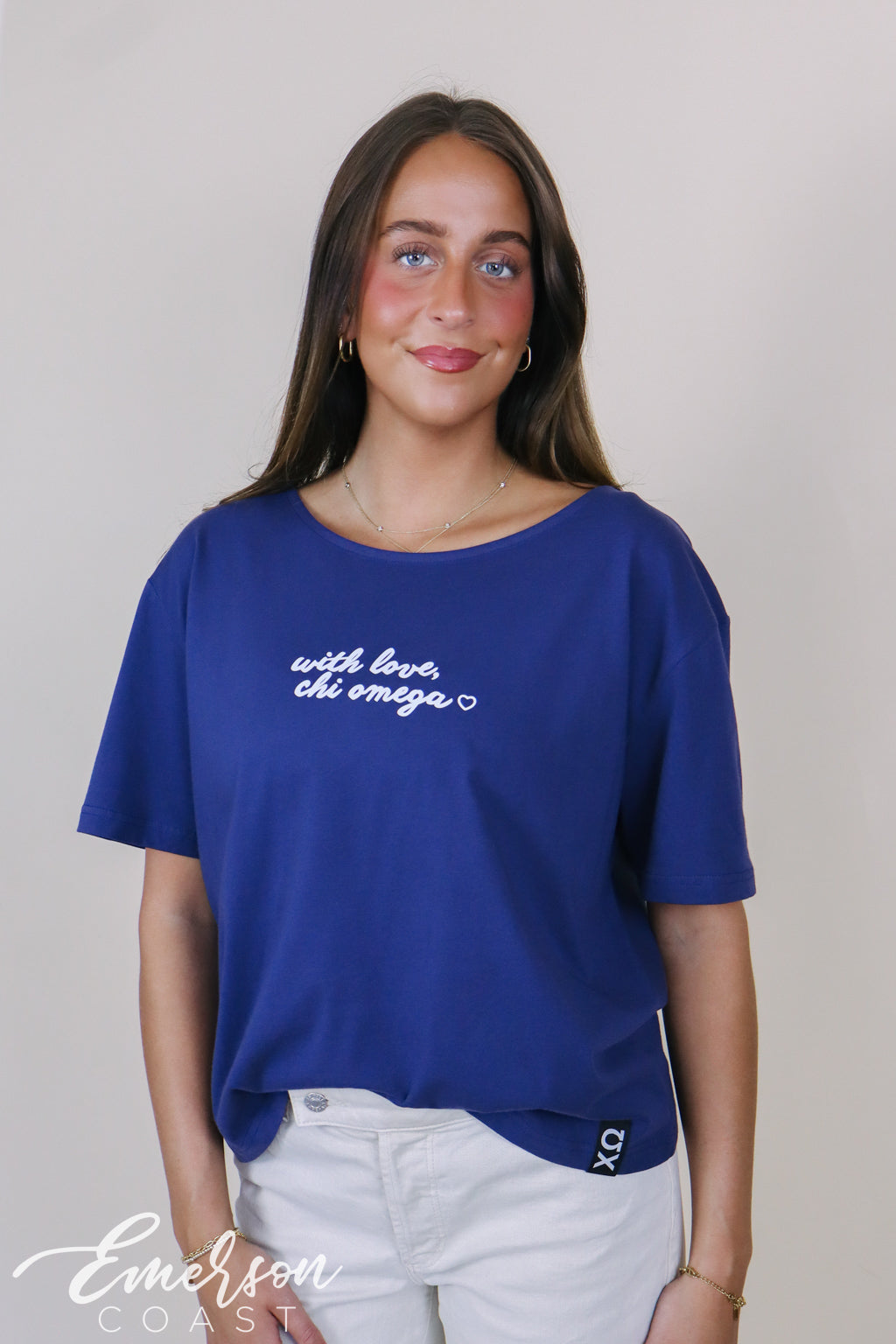 Chi Omega Ever At Heart Navy Slouchy Tee with Hem Tag