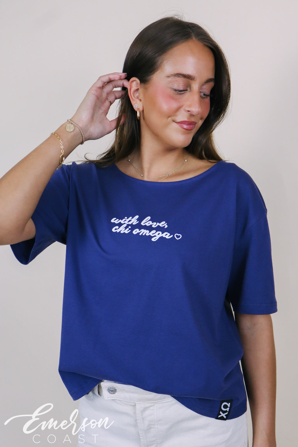 Chi Omega Ever At Heart Navy Slouchy Tee with Hem Tag