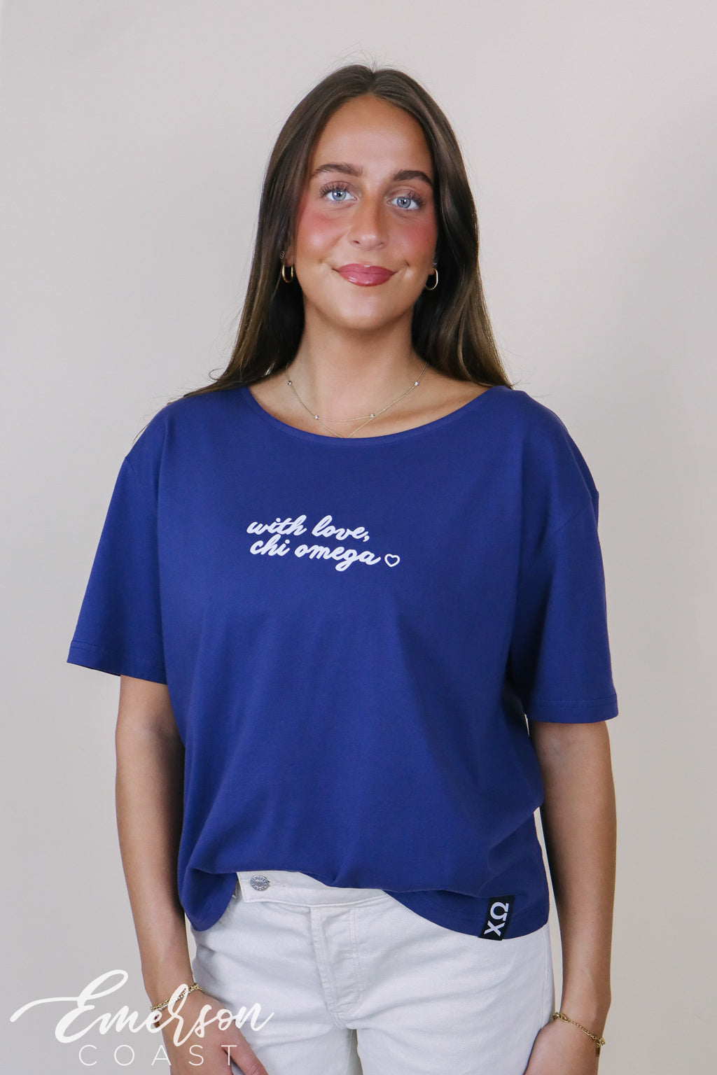 Chi Omega Ever At Heart Navy Slouchy Tee with Hem Tag