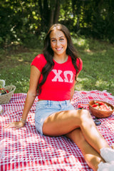 Chi O Red Gingham Letter Baby Tee
