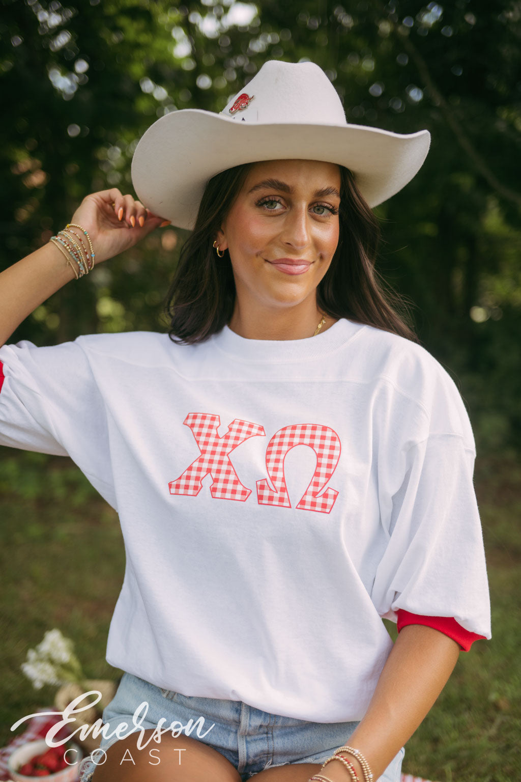 Chi O Gingham Print Letter Jersey