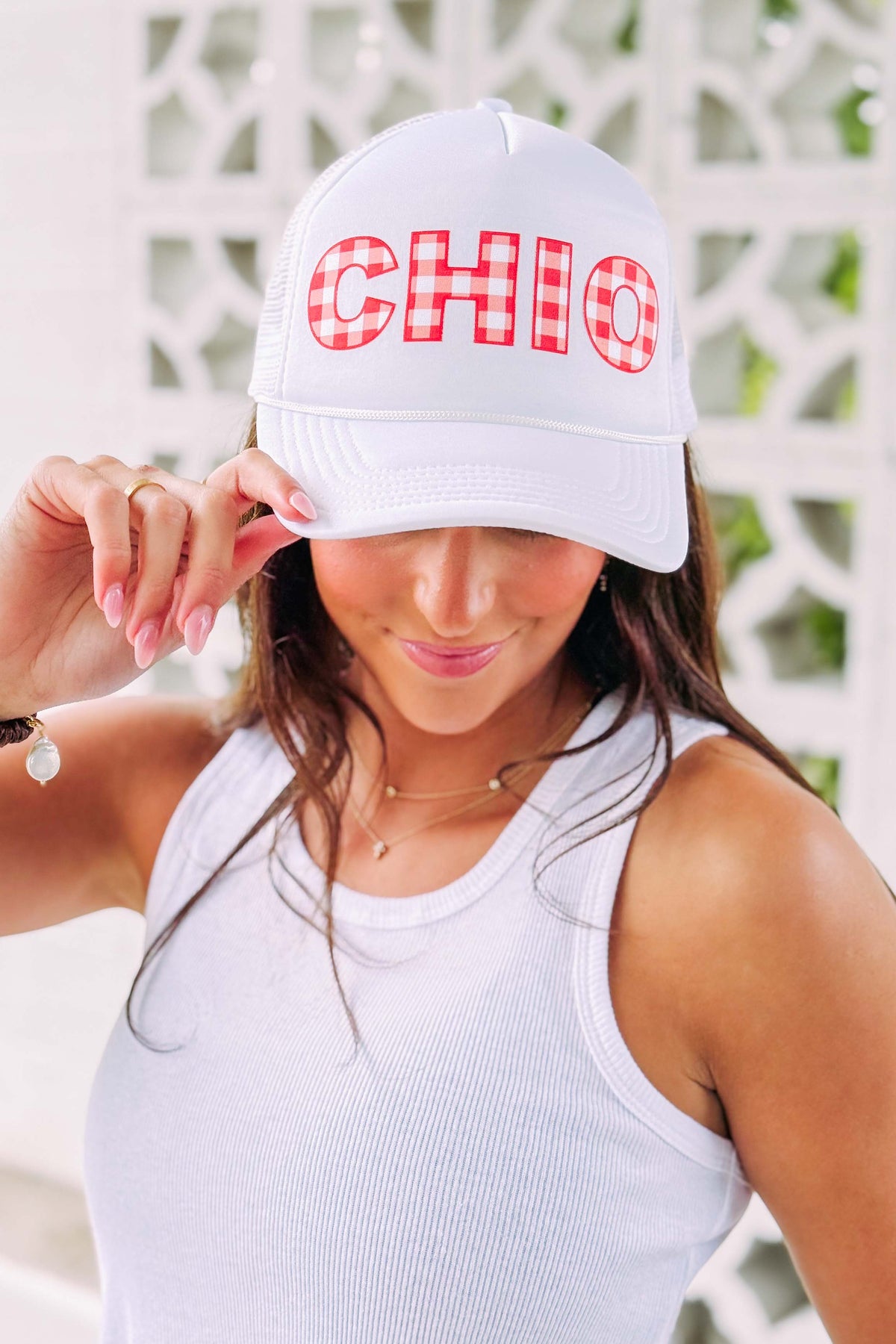 Chi Omega Red Gingham Trucker Hat
