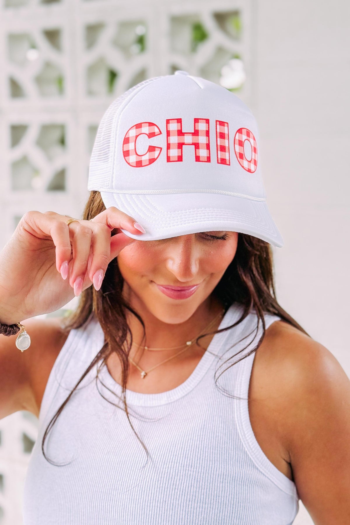 Chi Omega Red Gingham Trucker Hat