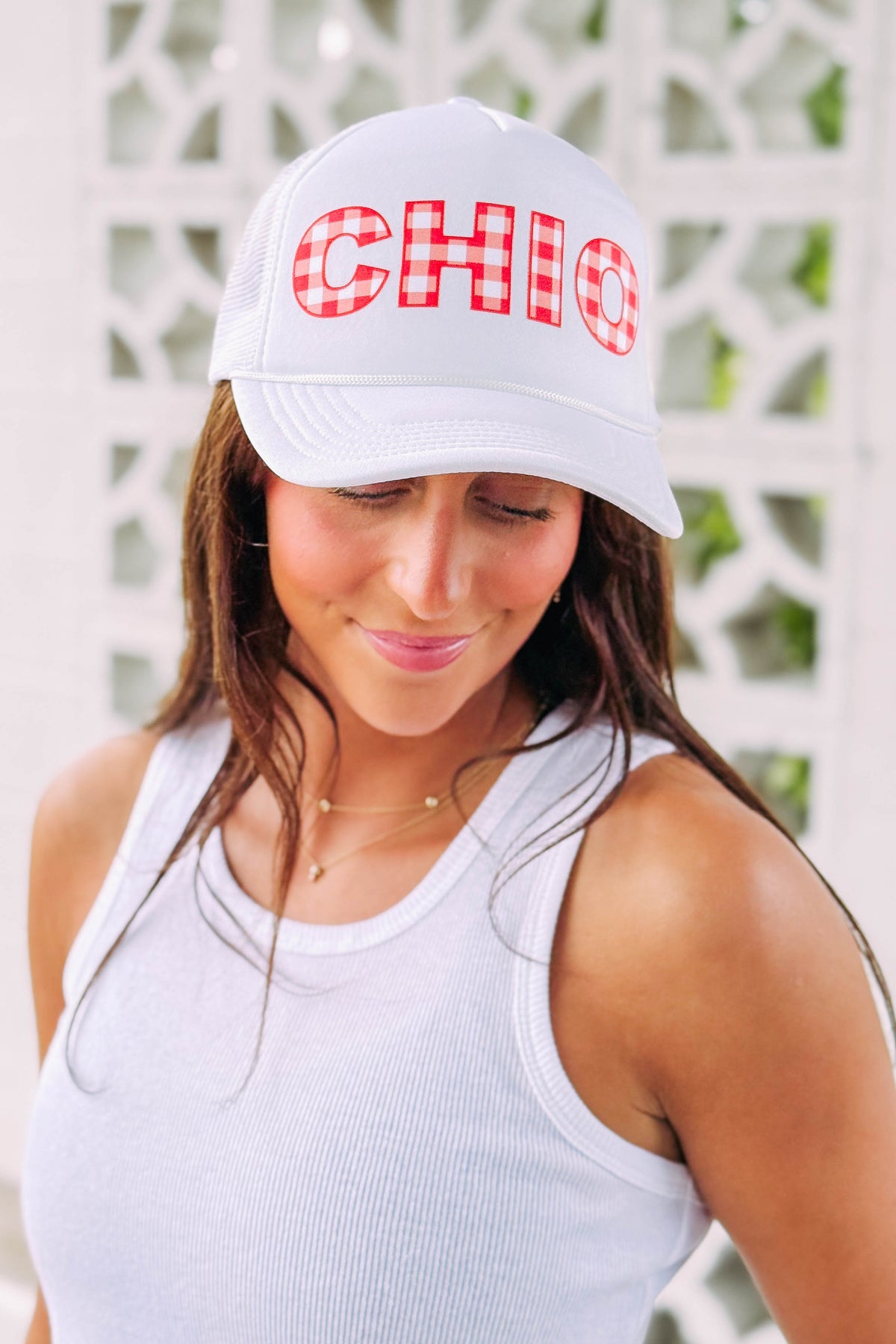 Chi Omega Red Gingham Trucker Hat