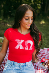 Chi O Red Gingham Letter Baby Tee