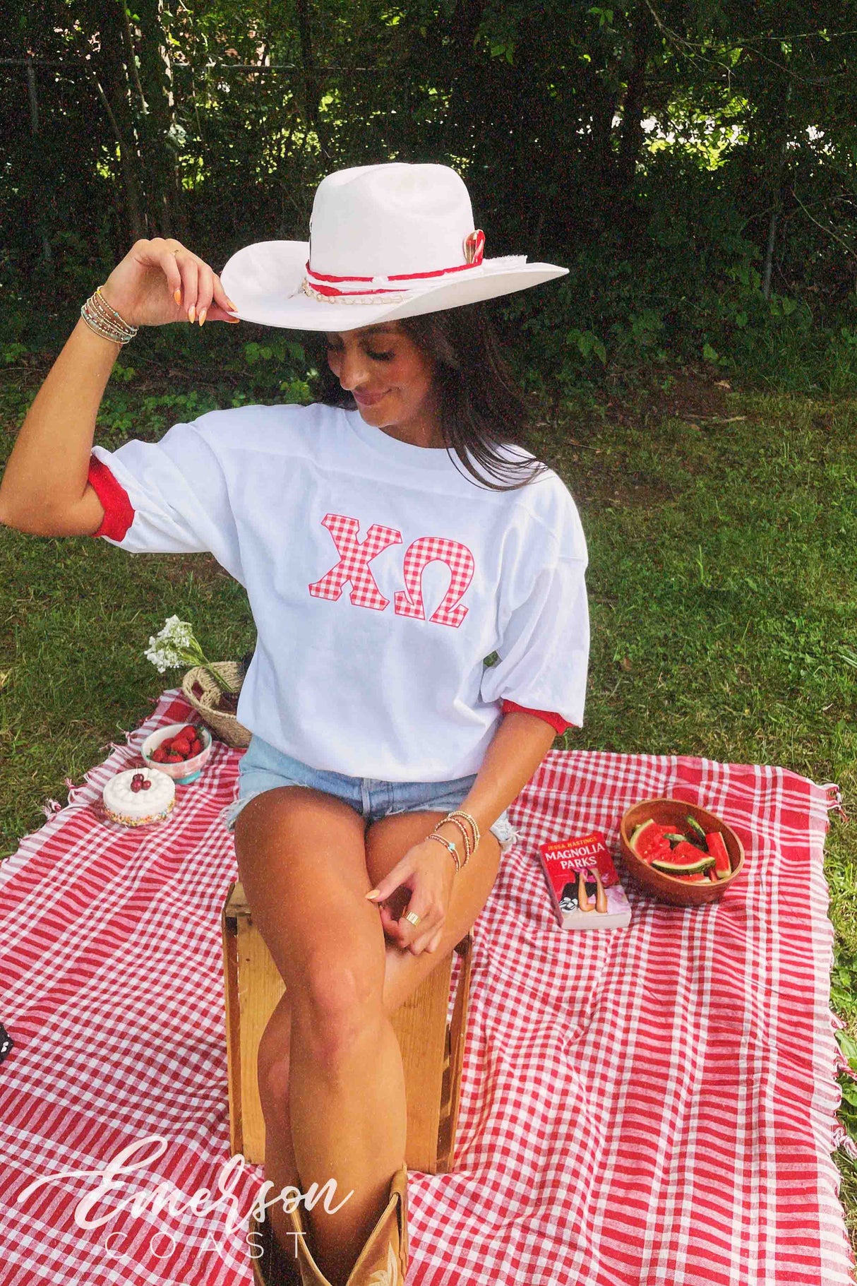 Chi O Gingham Print Letter Jersey