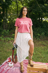 Chi Omega Red Gingham Letters Short Sleeve Tee