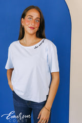 Chi Omega Baby Blue Slouchy Tee with Hem Tag