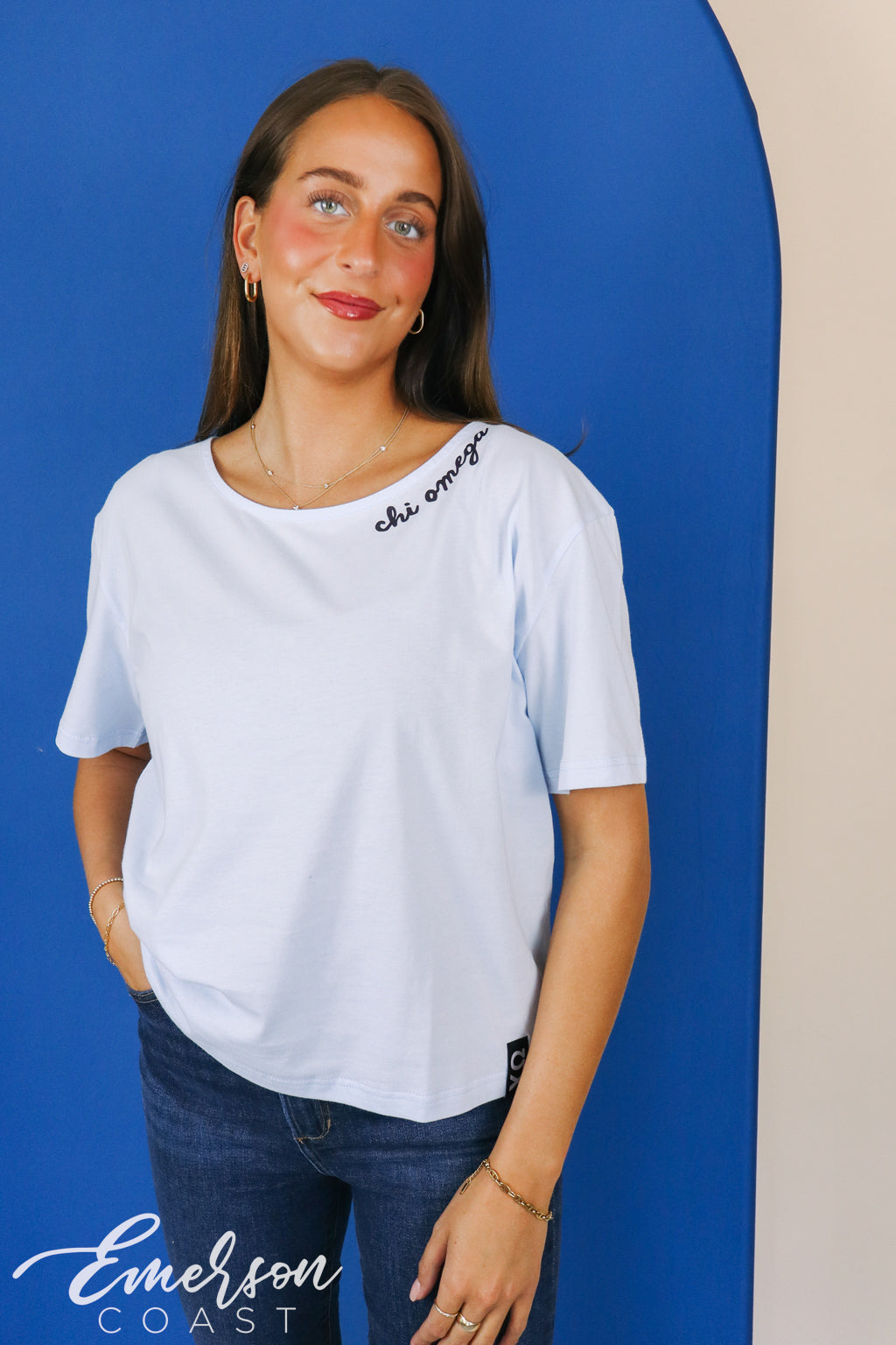 Chi Omega Baby Blue Slouchy Tee with Hem Tag