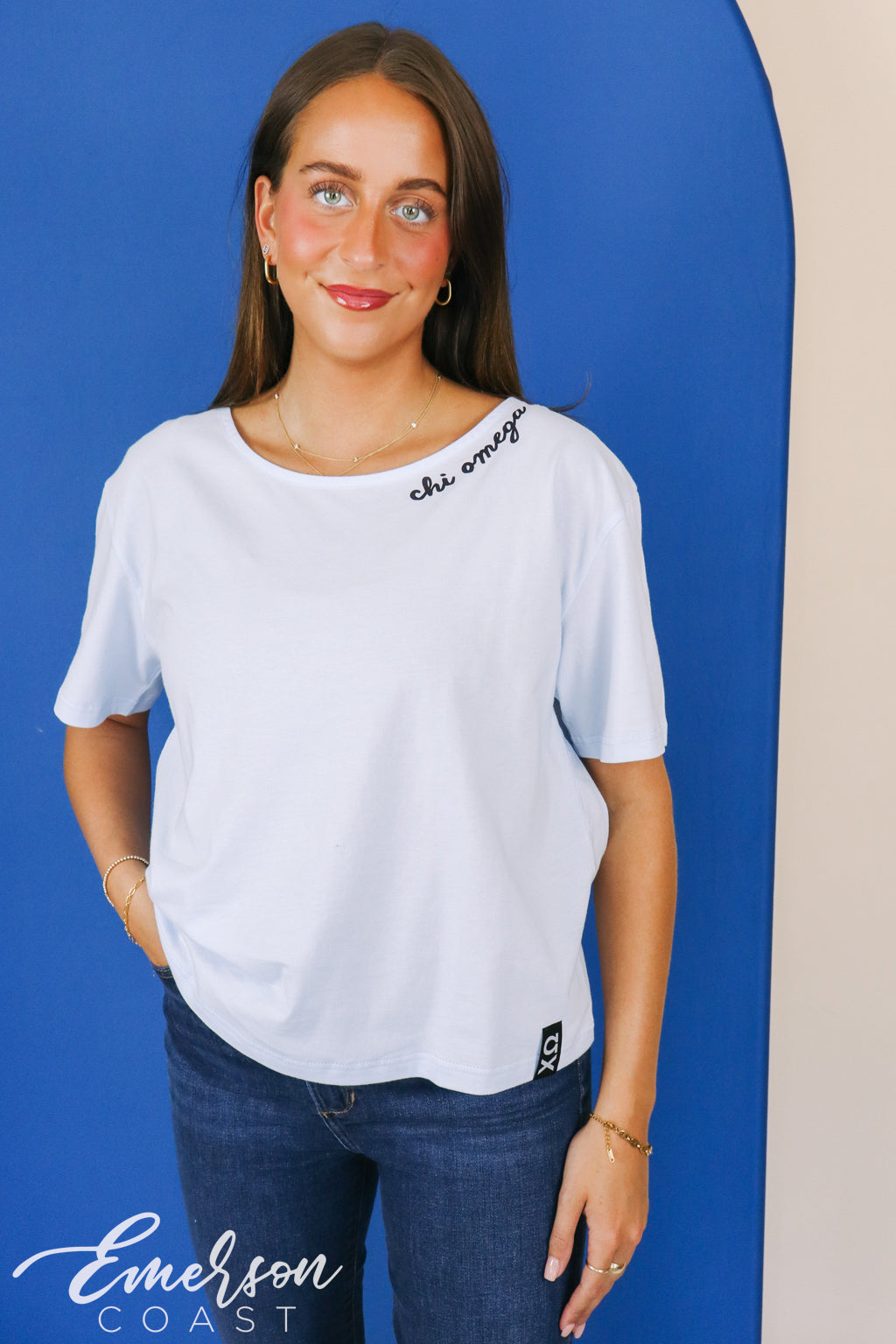 Chi Omega Baby Blue Slouchy Tee with Hem Tag