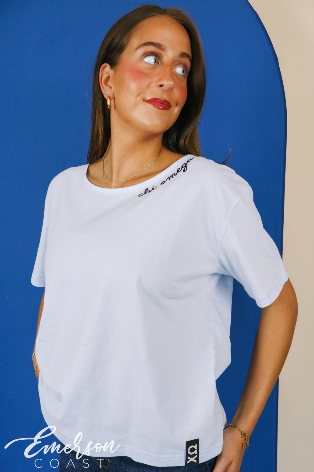 Chi Omega Baby Blue Slouchy Tee with Hem Tag
