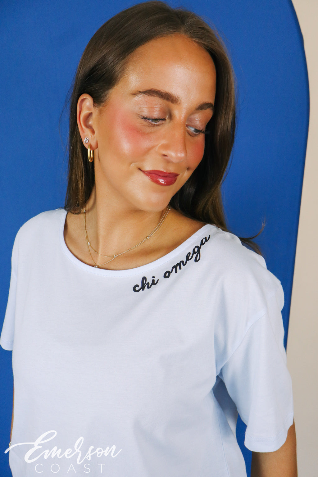 Chi Omega Baby Blue Slouchy Tee with Hem Tag