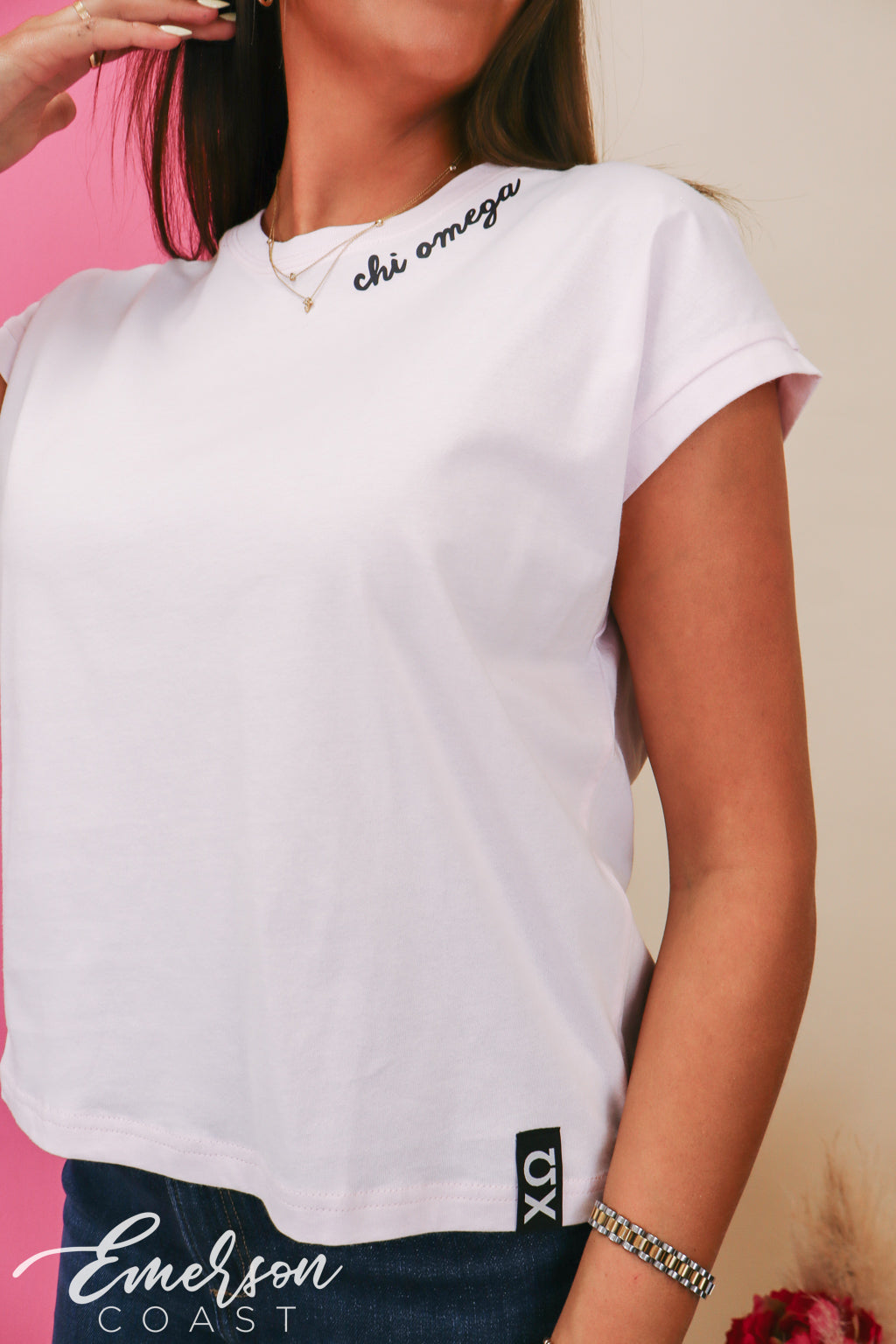 Chi Omega Light Pink Rolled Cuff Tee With Hem Tag