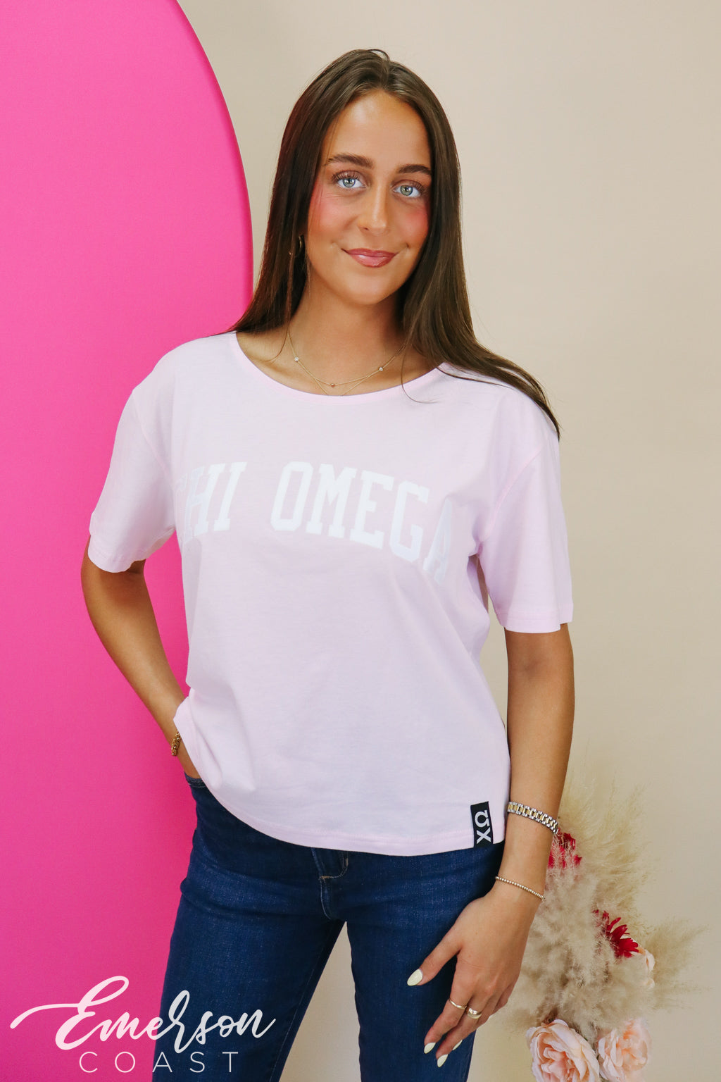 Chi Omega Light Pink Slouchy Tee with Hem Tag