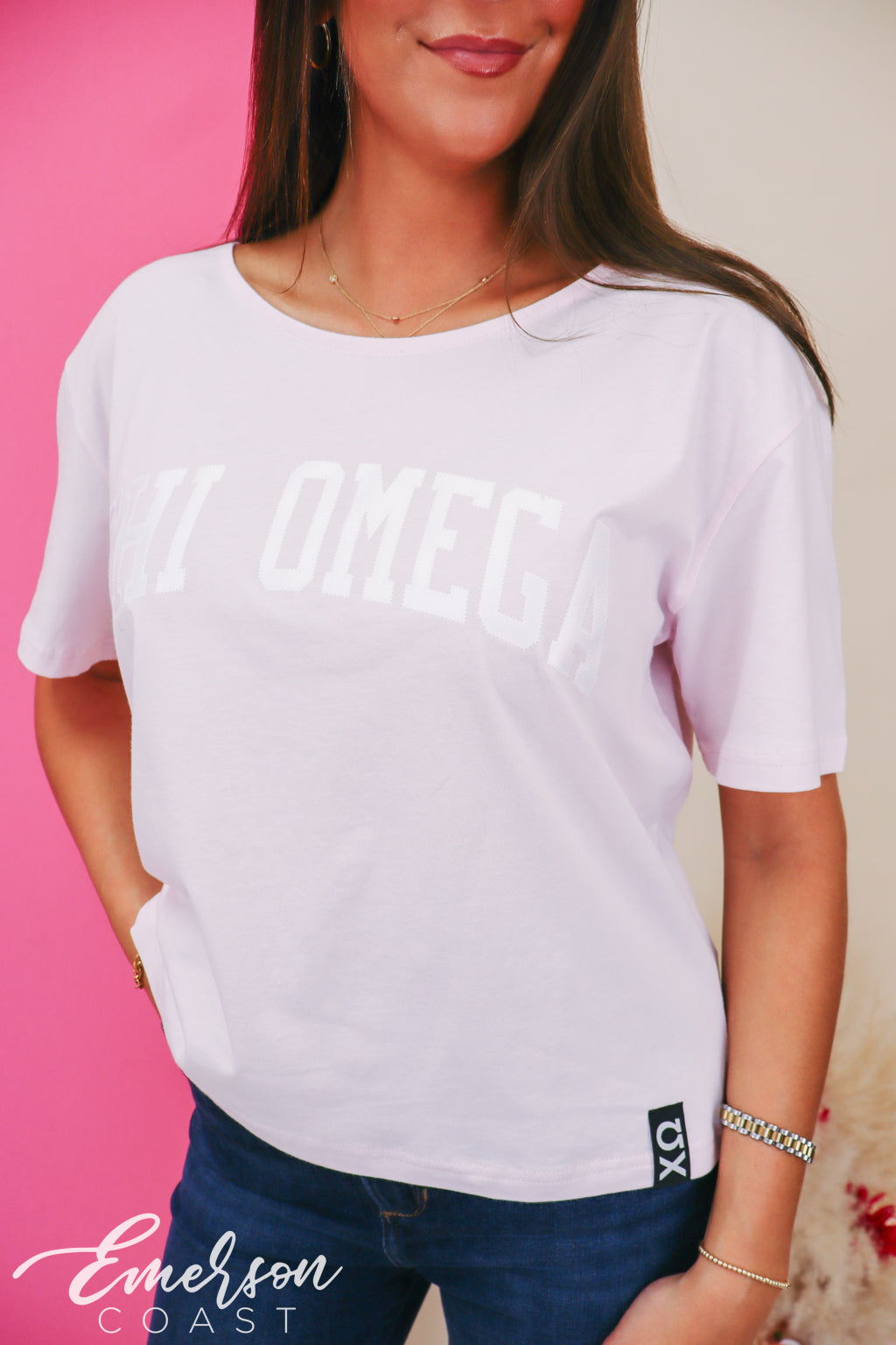 Chi Omega Light Pink Slouchy Tee with Hem Tag