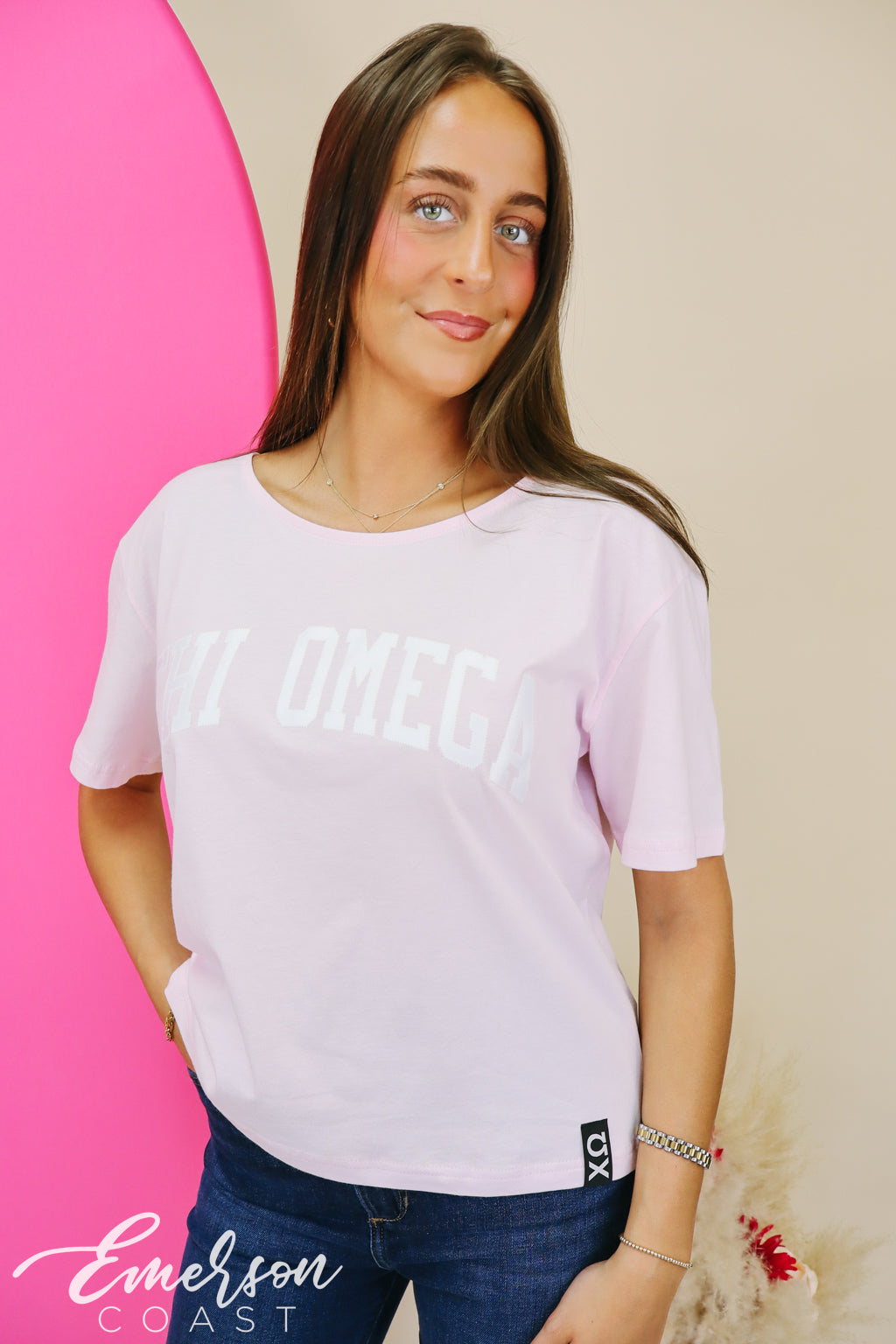 Chi Omega Light Pink Slouchy Tee with Hem Tag