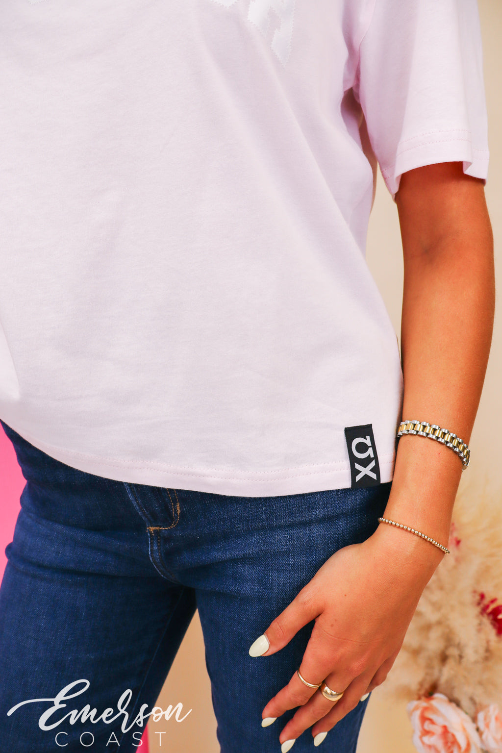 Chi Omega Light Pink Slouchy Tee with Hem Tag