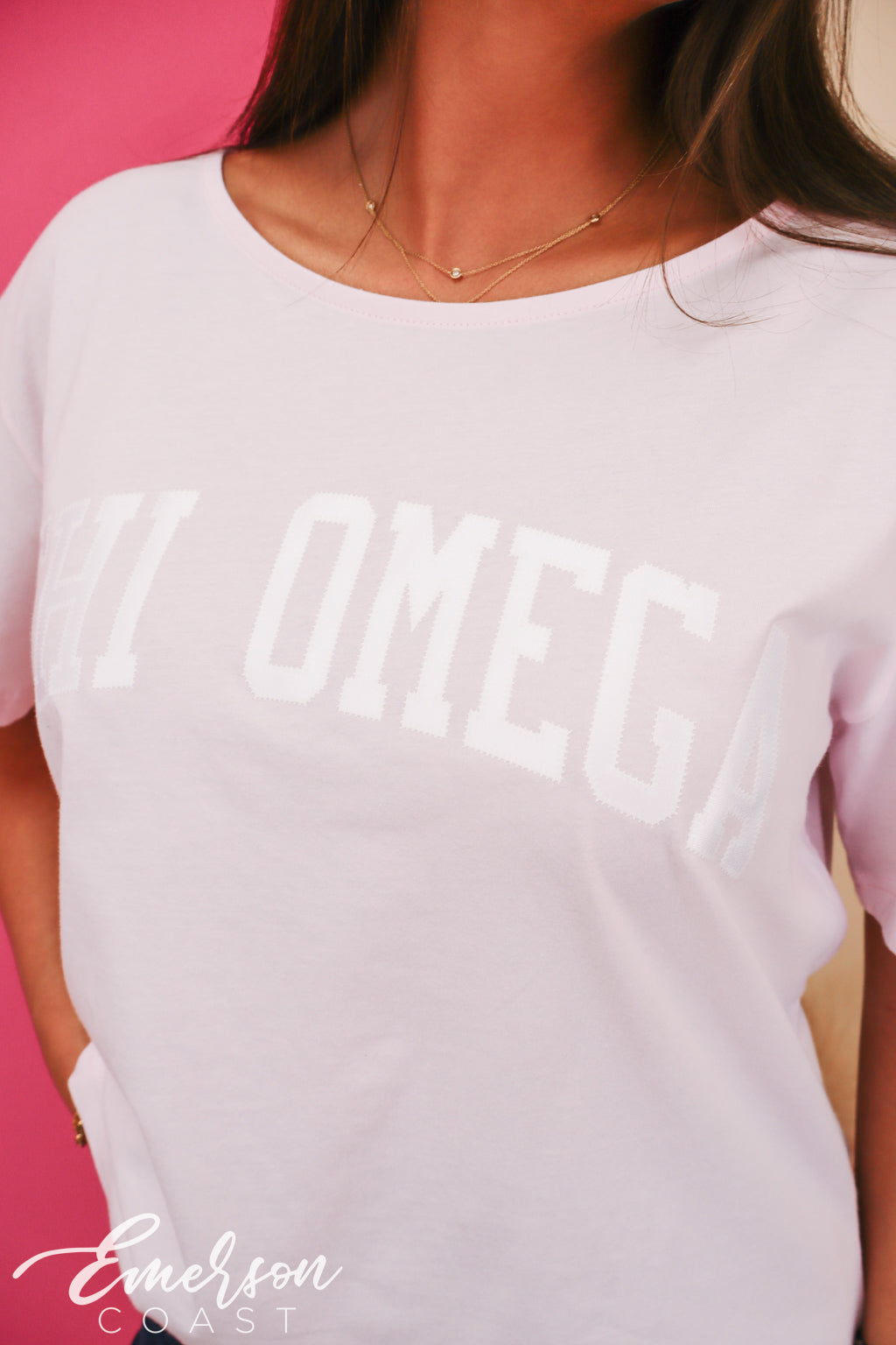 Chi Omega Light Pink Slouchy Tee with Hem Tag