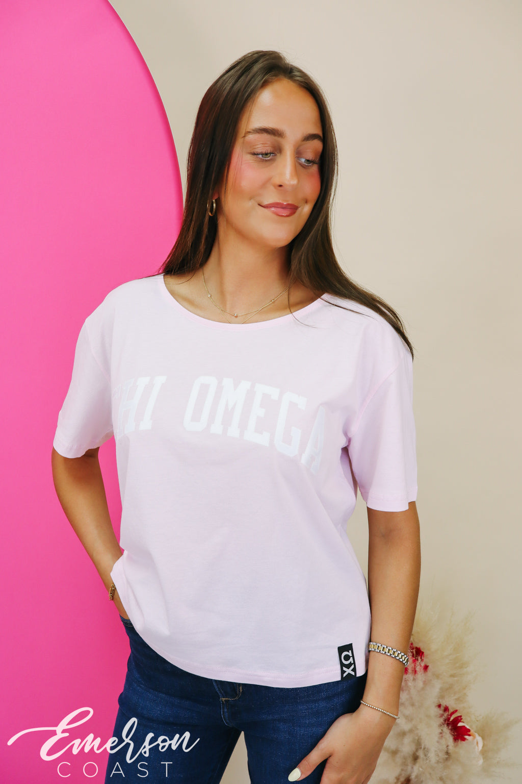 Chi Omega Light Pink Slouchy Tee with Hem Tag