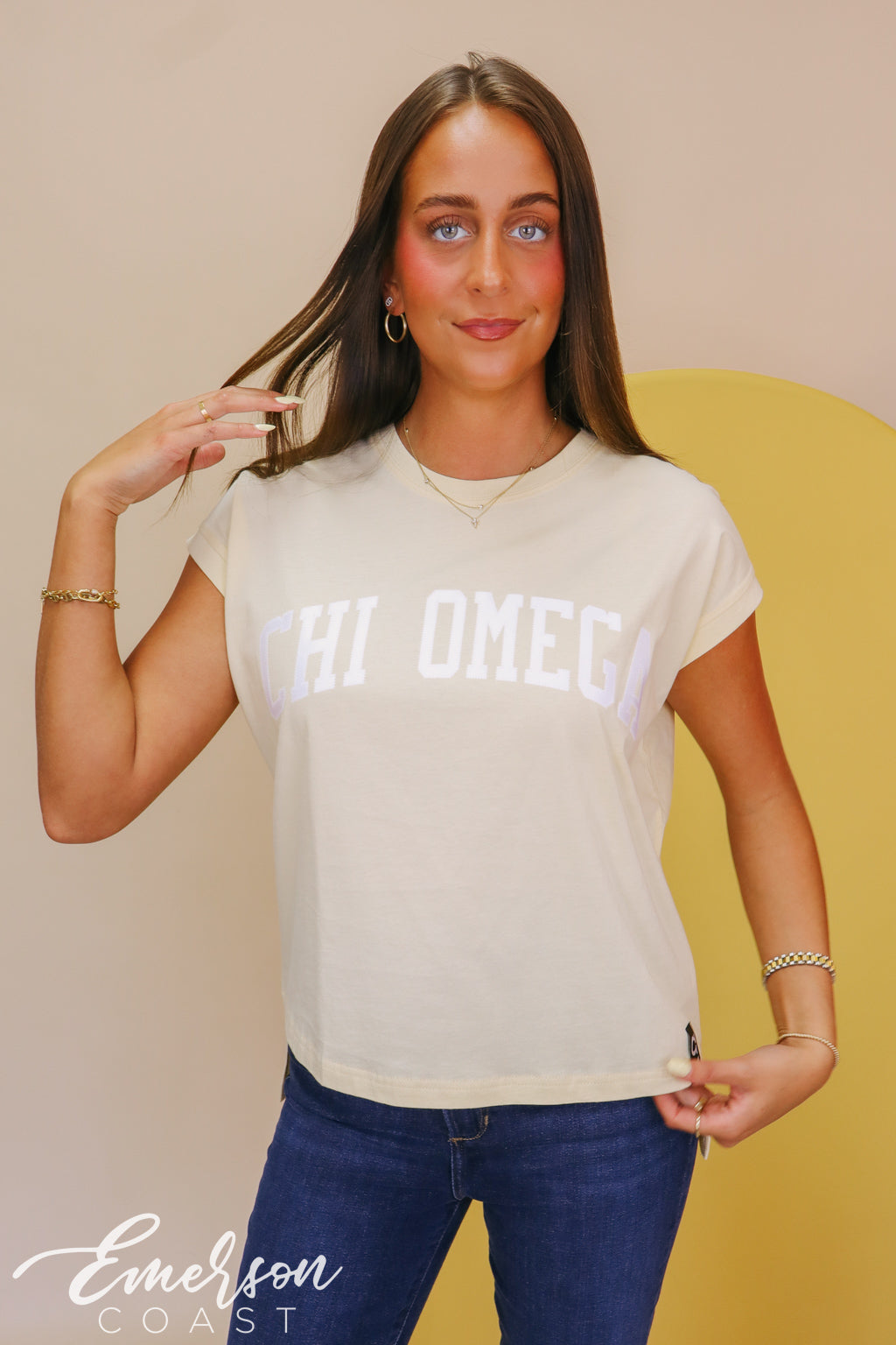 Chi Omega Light Yellow Rolled Cuff Tee with Hem Tag