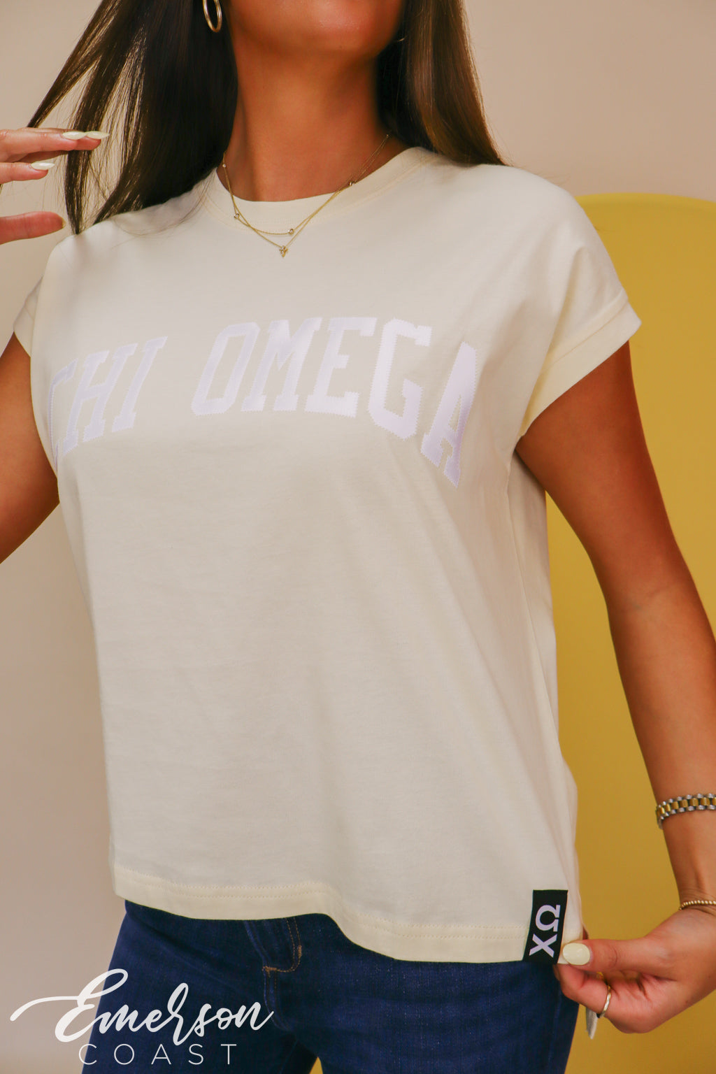 Chi Omega Light Yellow Rolled Cuff Tee with Hem Tag