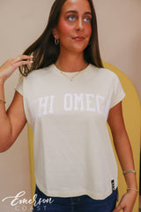 Chi Omega Light Yellow Rolled Cuff Tee with Hem Tag