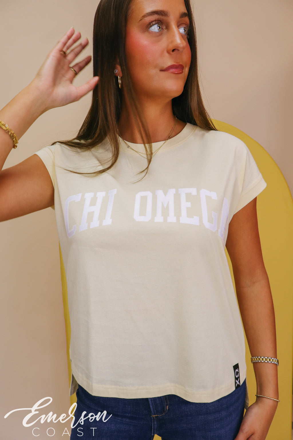 Chi Omega Light Yellow Rolled Cuff Tee with Hem Tag