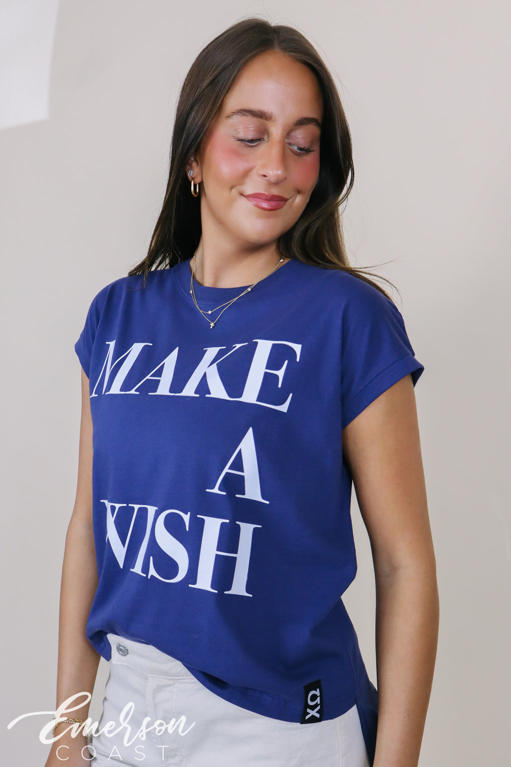 Chi Omega Navy Make A Wish Rolled Cuff Tee