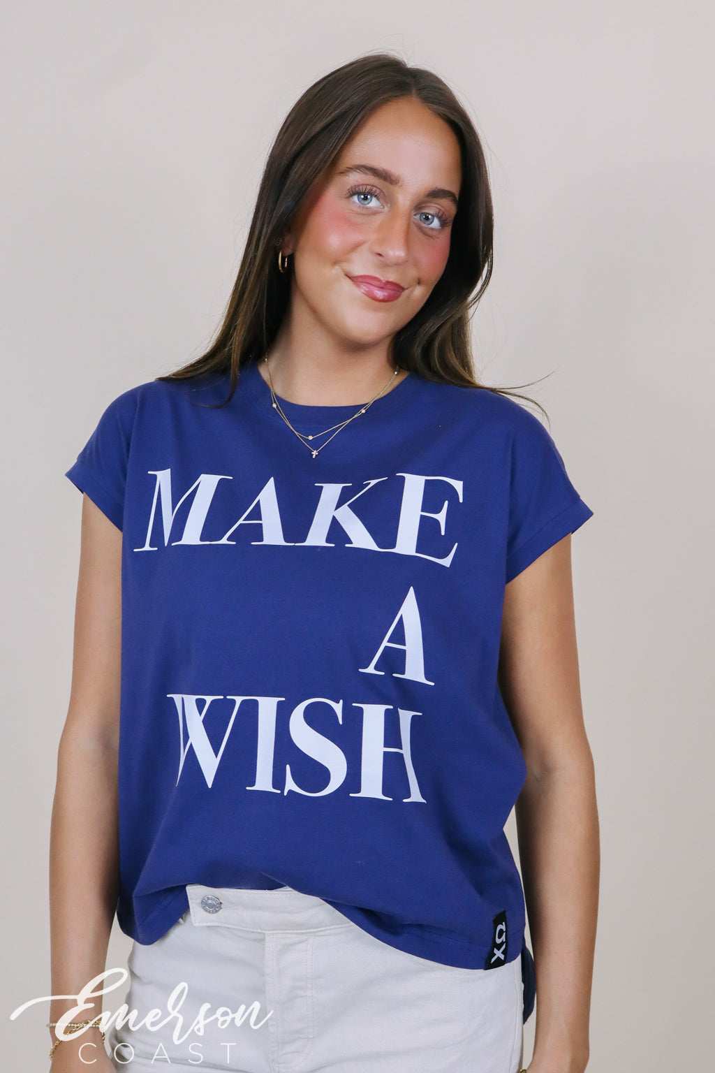Chi Omega Navy Make A Wish Rolled Cuff Tee