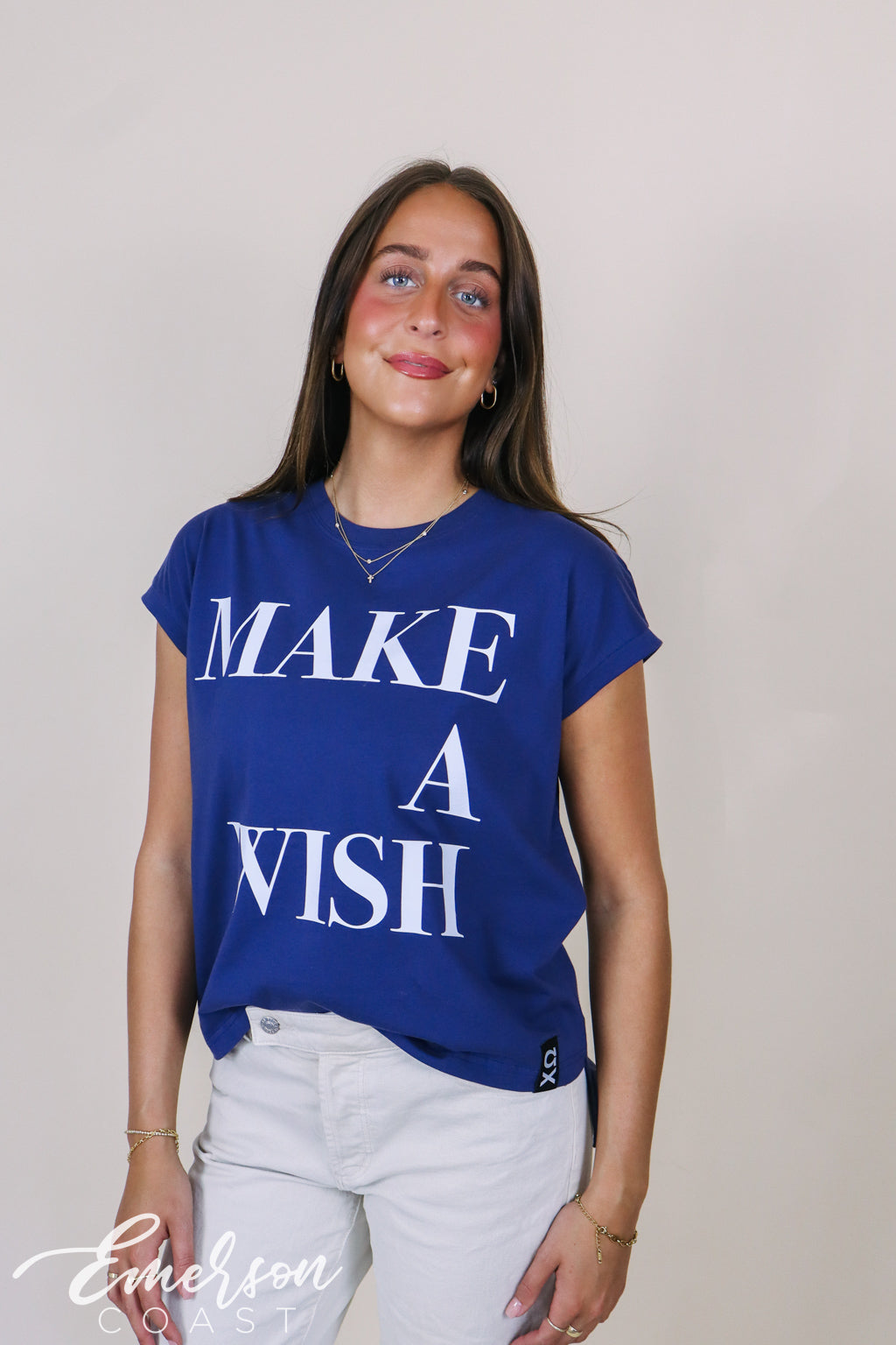 Chi Omega Navy Make A Wish Rolled Cuff Tee