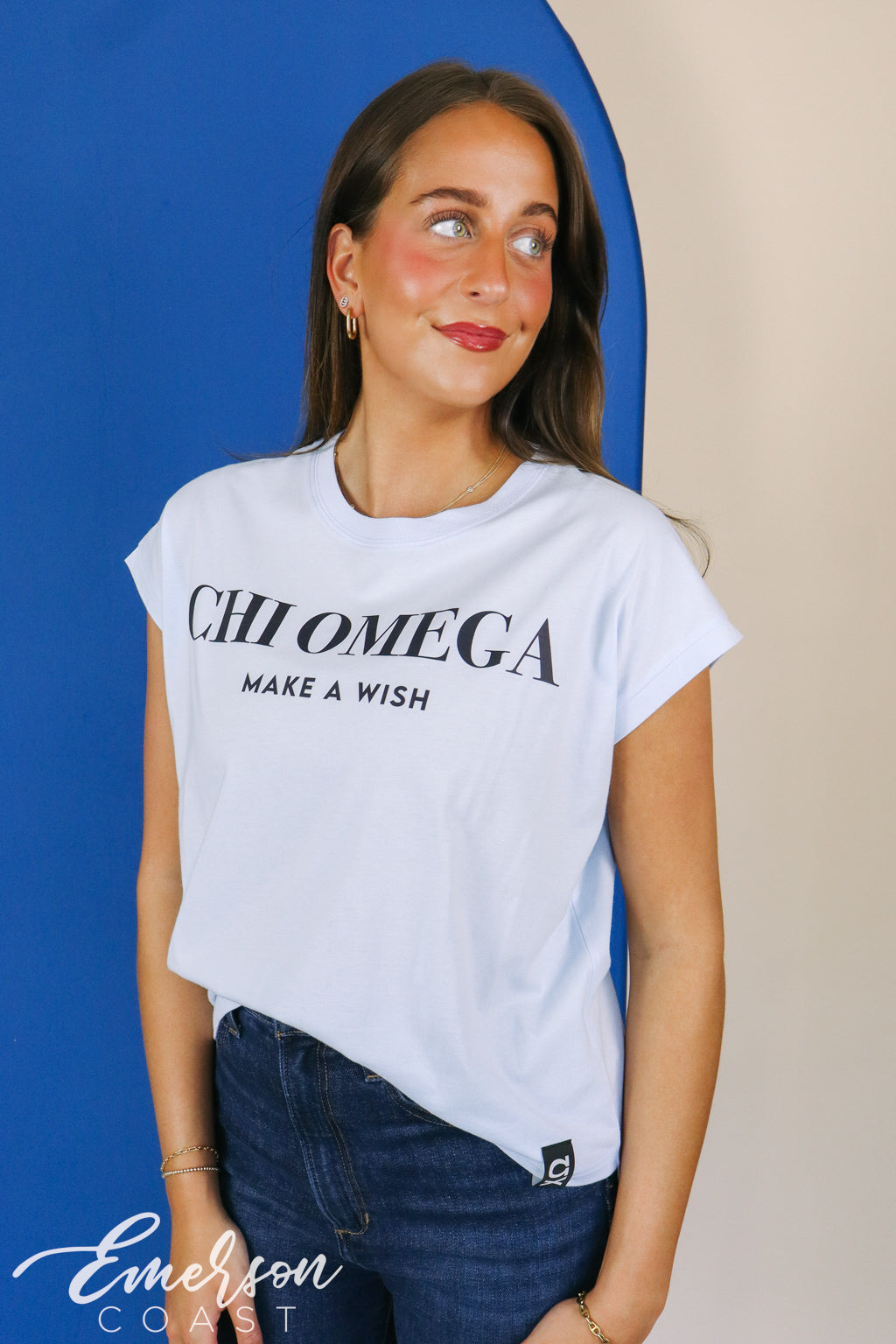 Chi Omega Light Blue Make A Wish Tee With Hem Tag