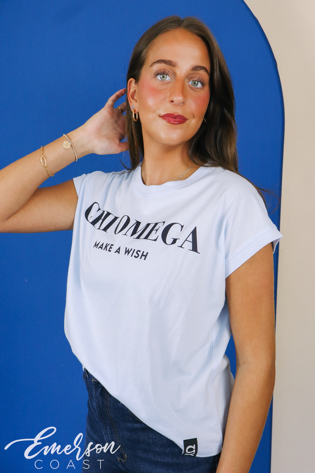 Chi Omega Light Blue Make A Wish Tee With Hem Tag