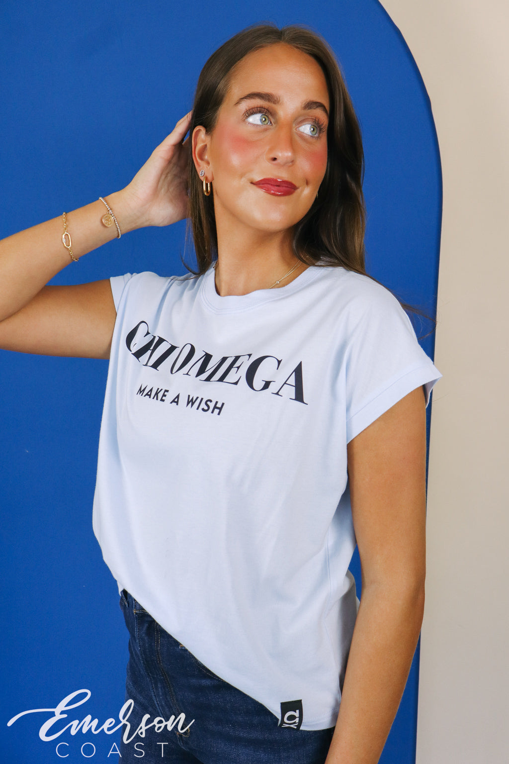 Chi Omega Light Blue Make A Wish Tee With Hem Tag