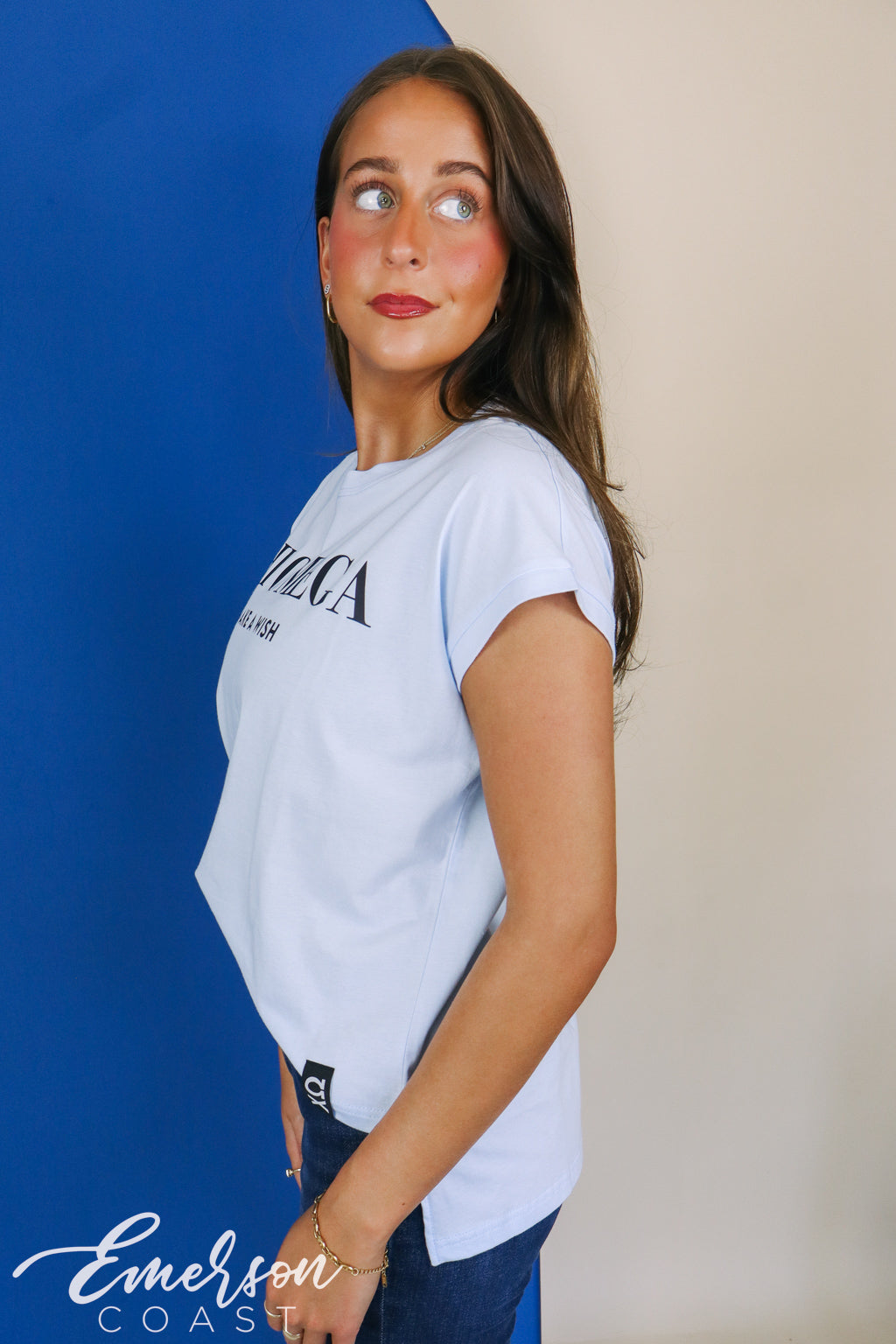 Chi Omega Light Blue Make A Wish Tee With Hem Tag