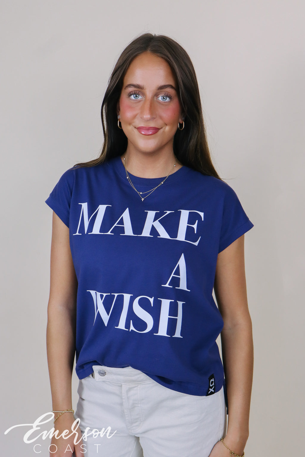 Chi Omega Navy Make A Wish Rolled Cuff Tee